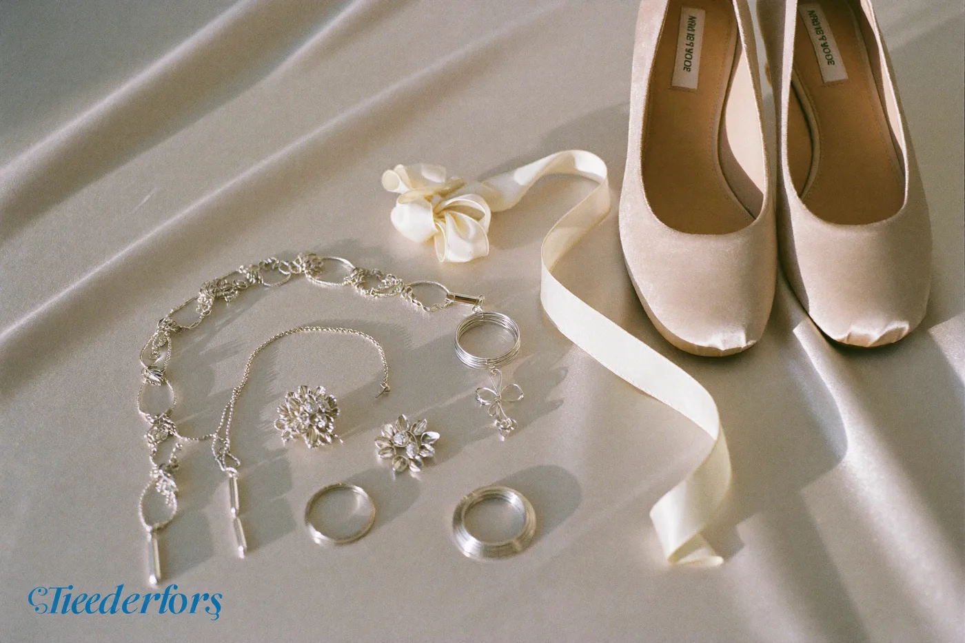 Dezente Accessoires und Schuhe zu einem schlichten Brautkleid